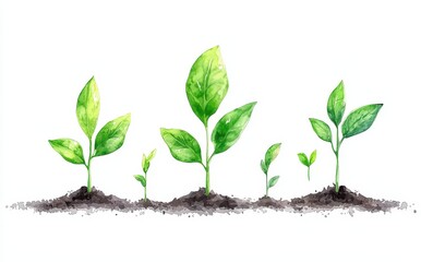Growth Stages of Young Plants in Watercolor Style with Soil and Green Leaves in Beautiful Artistic Representation for Nature Lovers