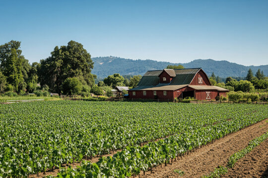 Rustic red barn amidst a thriving green field against a backdrop of rolling hills and clear blue sky.