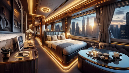 Fototapeta premium Futuristic luxury train cabin suite overlooking city skyline at sunset