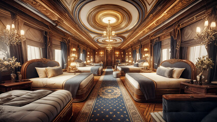 Fototapeta premium Inside the train's bedroom, the interior is decorated in a luxurious style.