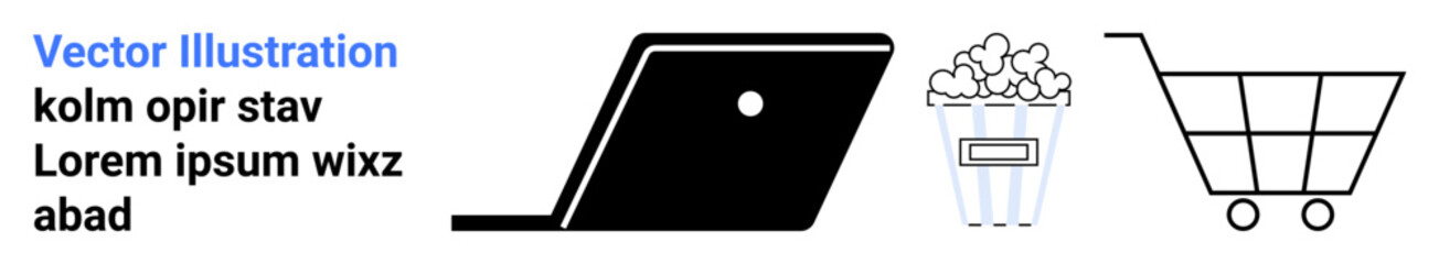 Laptop tilted open, popcorn in a bucket, and a shopping cart represent digital shopping, entertainment, and e-commerce. Ideal for online purchases, retail, leisure, convenience modern lifestyle