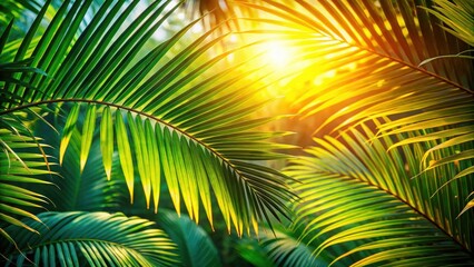 Obraz premium Sunlight filtering through the leaves of a palm tree, creating a vibrant and tropical atmosphere