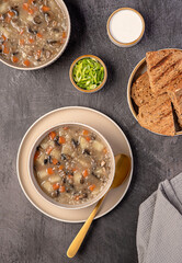 Food photography of mushroom soup with barley and vegetables, carrots; potatoes, spring onion, cream, toasted bread, vegetarian healthy food