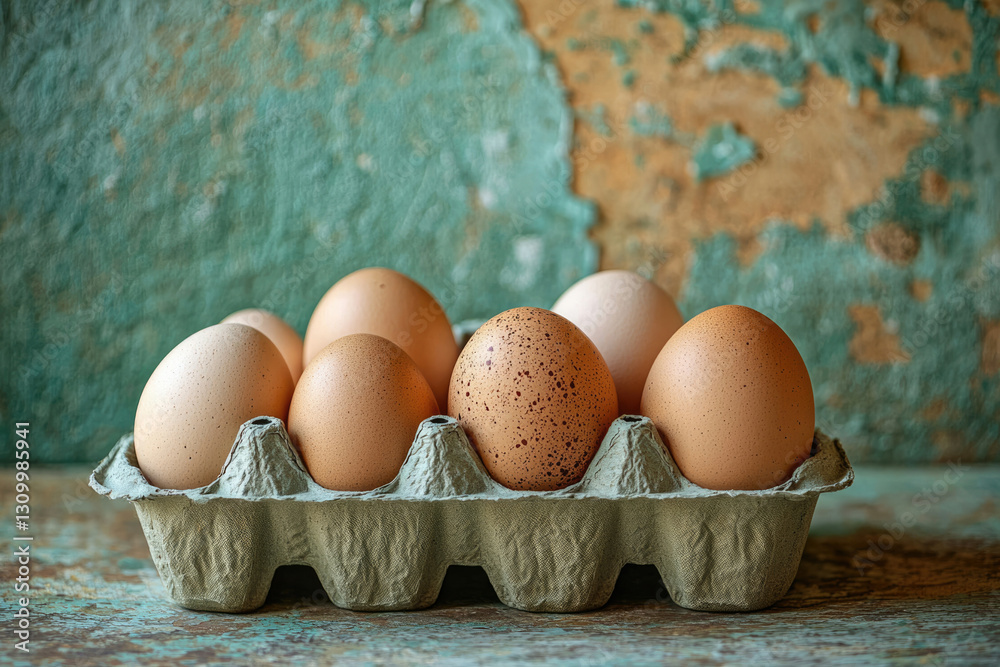 Poster A carton of fresh eggs sits on a rustic background, showcasing variations in shell color and texture.