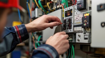 Hands of Electrician Installing Industrial HVAC Control Panel in Workshop: Close-Up of Energy Management System