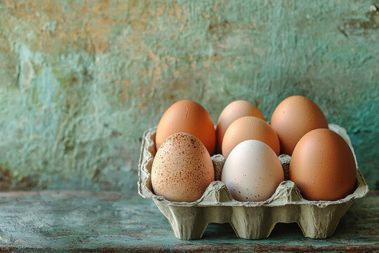 Six brown eggs and one white egg in a carton against a rustic green background.
