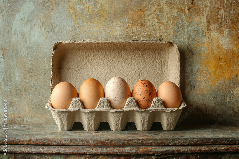 Poster five eggs of varying shades nestled in a rustic cardboard carton against a textured background.