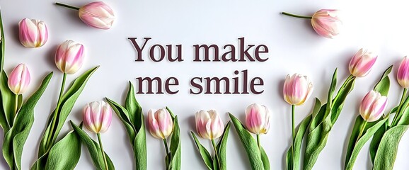 "You make me smile" written with pastel tulips placed on white