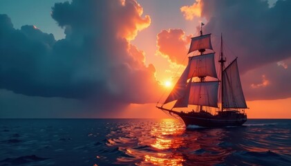 Fototapeta premium Silhouette of sailing ship against dramatic sky, maritime, graphic