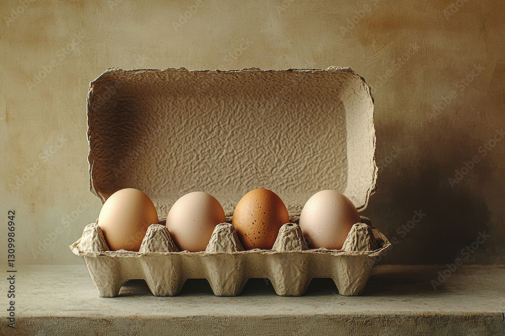 Poster four eggs sit in a partially opened cardboard egg carton against a muted background.