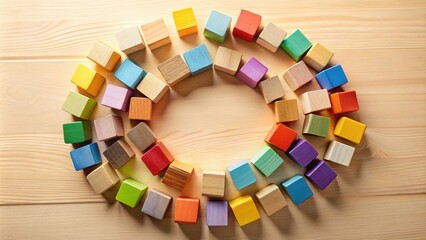 Colorful wooden blocks arranged in a circle on a wooden surface, creating a frame for a blank space