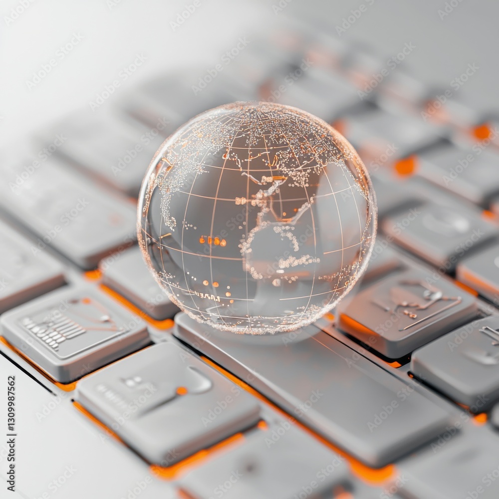 Fototapete Global Technology: Crystal Globe on Modern Keyboard, Highlighting Connection and Innovation in a Digital World