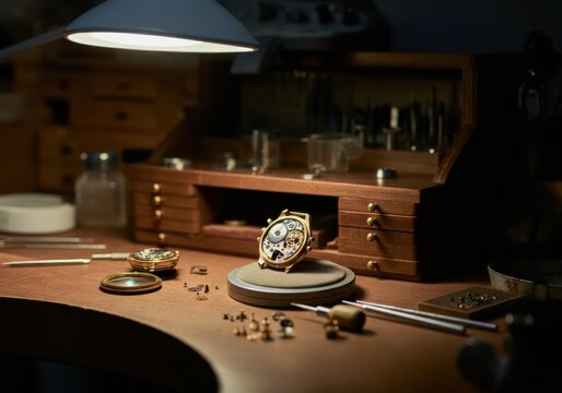 Elegant watch on a workbench surrounded by watchmaking tools and parts
