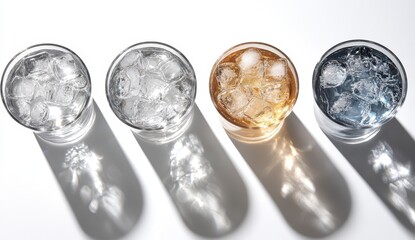 Four Glasses of Sparkling Water with Ice on White Background