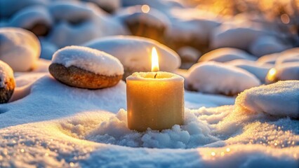 Close-up shot of a lit candle casting a warm glow on the snow-covered stones, symbolizing the return of light and life with Imbolc celebration , light, solstice