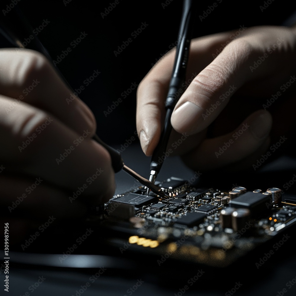 Aufkleber hands precisely soldering a complex circuit board, highlighting the intricacy of electronics repair.