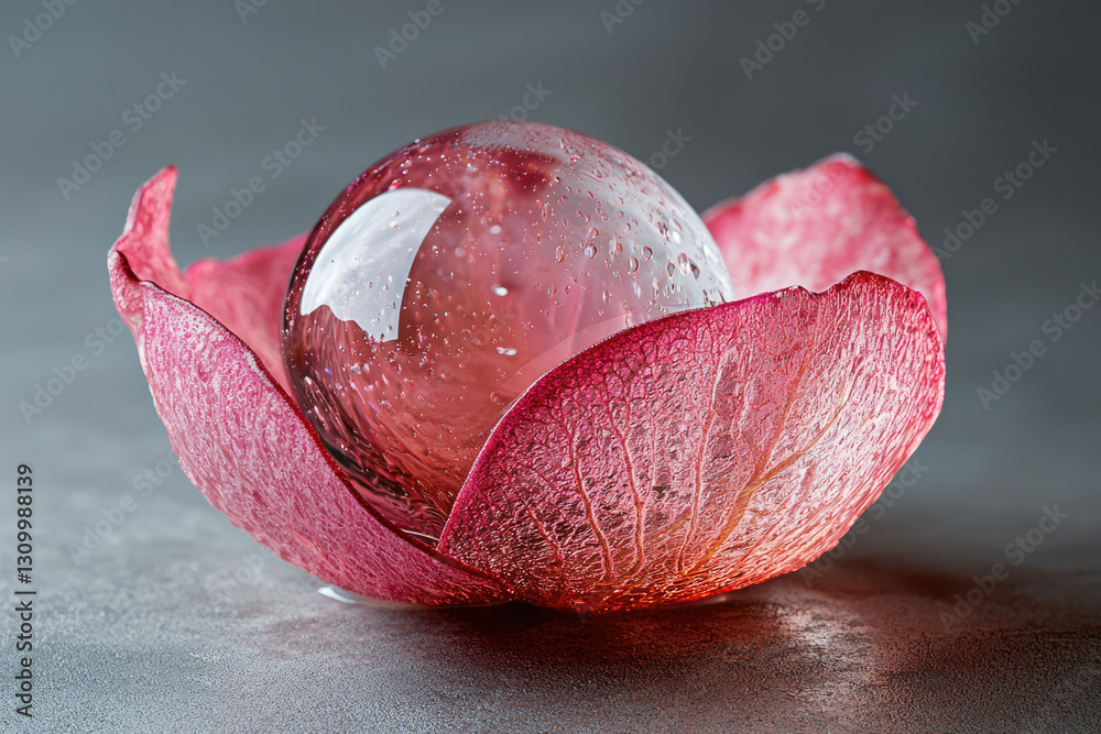 Poster a translucent sphere rests delicately within a crimson rose petal, creating a captivating visual.