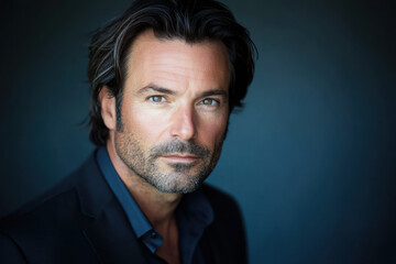 Obraz premium A confident middle-aged Caucasian man with a contemplative gaze, dressed in a dark suit against a moody blue background.