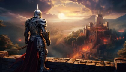 A brave knight in shining armor stands on a castle wall, surveying a magical landscape at dusk.
