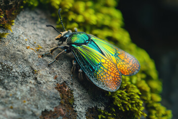 Vibrant green and orange beetle with intricate wing patterns rests on a mossy rock.