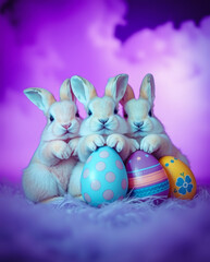 Easter bunnies joyfully pose with colorful eggs against a dreamy purple sky