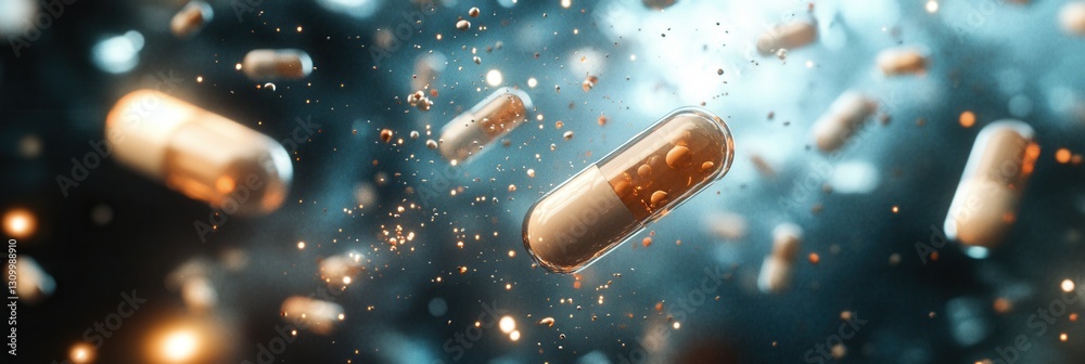 Aufkleber floating capsules dissolve into molecular structures in a dreamy abstract medical illustration gener