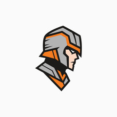 A bold, modern knight logo with a sleek gray and orange helmet, featuring sharp lines and a strong, determined expression in a minimalist, angular style.