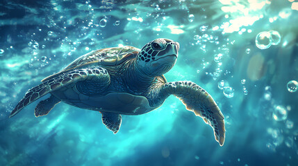 A close-up shot of an underwater view of the back half of a sea turtle swimming in crystal-clear water
