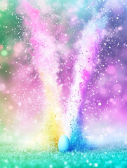 A dynamic scene where a small blue egg releases a burst of colorful powder into the air.