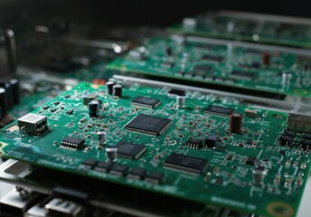 Close-up of electronic circuit boards showcasing intricate designs and components