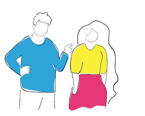 Quarrel, conflict in couple. Angry man blaming, shouting at upset woman. Fight, disagreement between two people in bad relationships. Flat graphic vector illustration isolated on white background