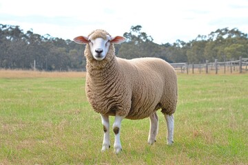 Fototapeta premium Jampacked Rural Merino Stud Ram on an Australian Farm: A Close-Up of Sheep in Their Natural Habitat