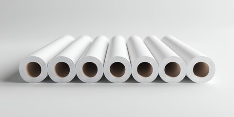 Multiple rolls of blank paper arranged neatly in a row against a white background for various artistic and printing purposes
