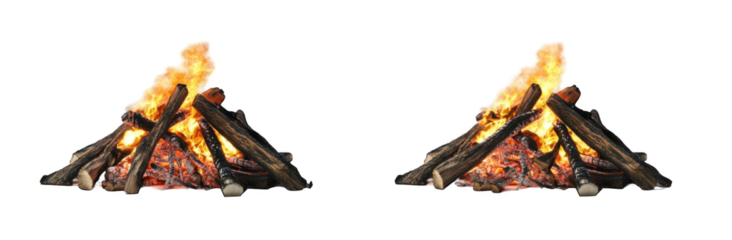 Two bonfires with burning wood on a white background