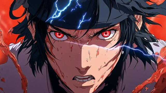 Anime character, intense expression, bloody battle scene, possible use in gaming or media