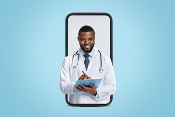 Fototapeta premium Positive black doc in white robe with stethoscope collecting patient anamnesis over white