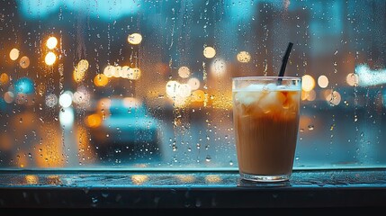Rainy Day Comfort: A glass of iced coffee with a straw sits on a windowsill, overlooking a rainy cityscape. The raindrops create a blurry, dreamy effect.