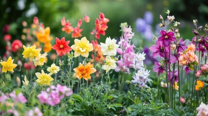 Vibrant Aquilegia Blooms in a Lush Spring Garden: A Celebration of Nature's Beauty