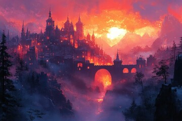 Fototapeta premium Fiery sunset illuminates snow-covered castle town.
