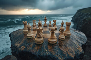 A chessboard set on a cliff overlooking a stormy ocean at sunset, symbolizing strategic planning amidst challenging circumstances.