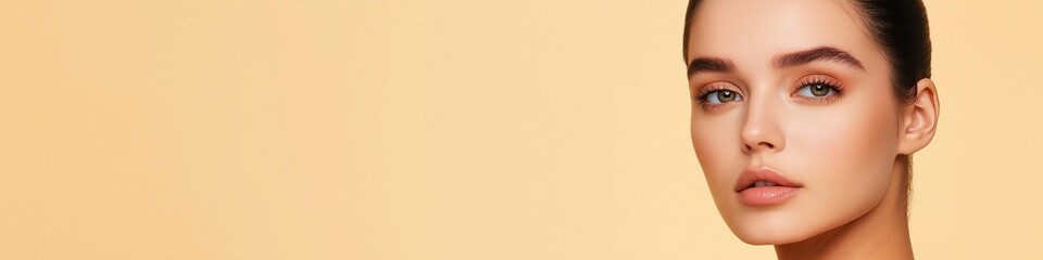 Fototapeta premium A woman with a shaved eyebrow stands in front of a light brown background. She is wearing a light brown shirt and has a light brown background