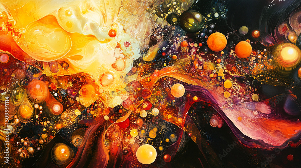 Poster abstract artwork with swirling orange, yellow, and red hues, interspersed with dark tones and lumino