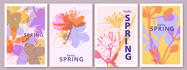 Spring flowers. 8 March, womens day, mother's day holiday cards set. Bright colorful botanical background, pattern.
