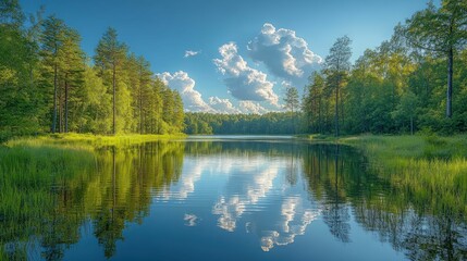 Serene forest lake reflects fluffy clouds.