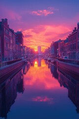 Naklejka premium Pink sunrise reflects on calm canal water.