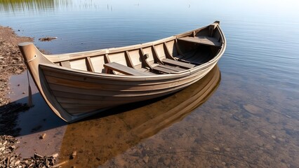 Serene wooden boat resting on calm water near the shoreline.   