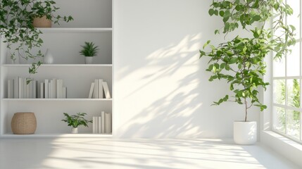 Minimalist living room, sunlight, plants, shelves, empty space, home decor, interior design