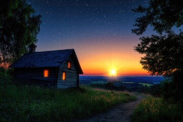 Rustic House Under the Stars: A Scenic Nightscape with Sunset Hues and Lush Forest Surroundings