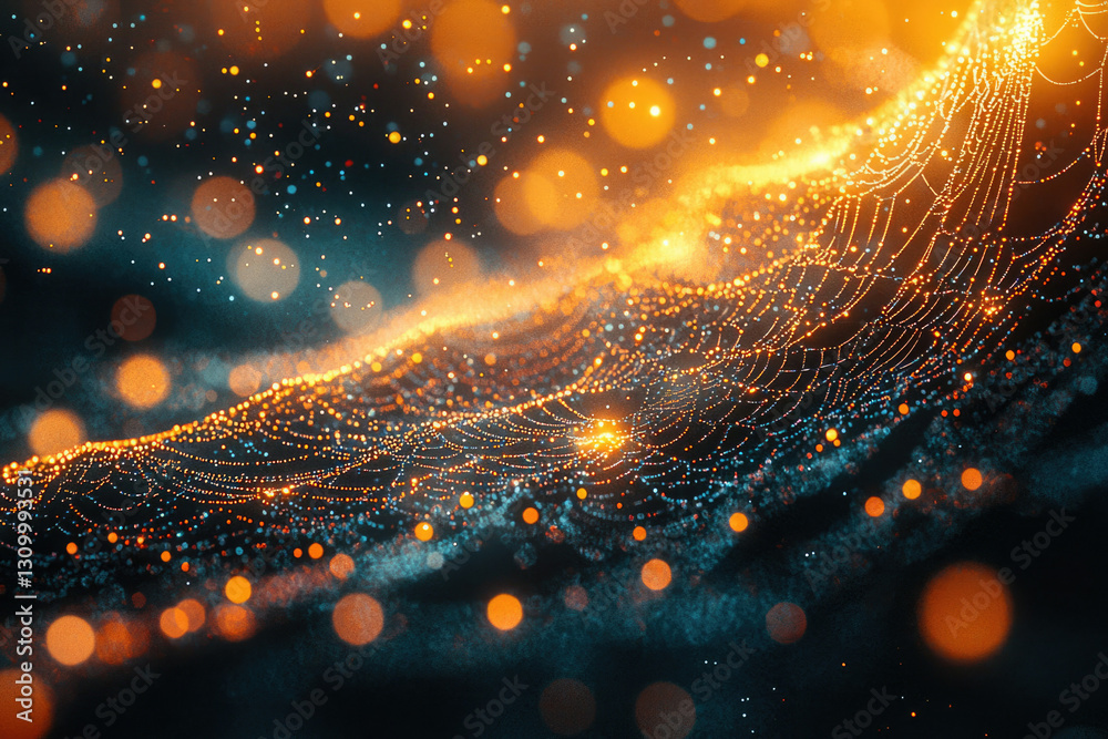 Poster Glowing web-like structure with bokeh effect, dark background, abstract digital art.