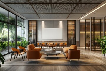 Modern, spacious, and elegant interior design with orange furniture, large blank screen, and large windows overlooking a garden.